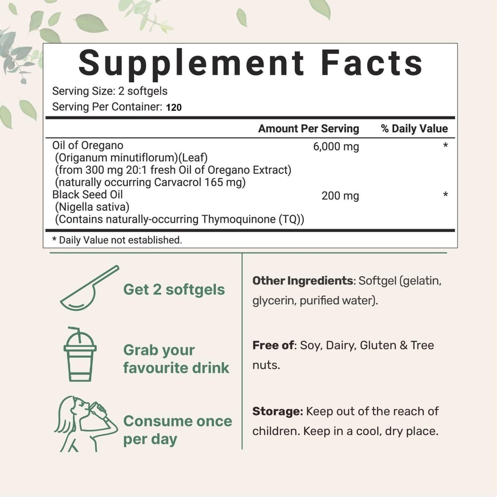 Back label of Oil of Oregano Softgels bottle