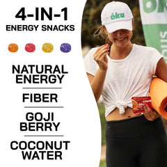 OKU ōku Energy Chews bag back highlighting vegan, non-GMO formula