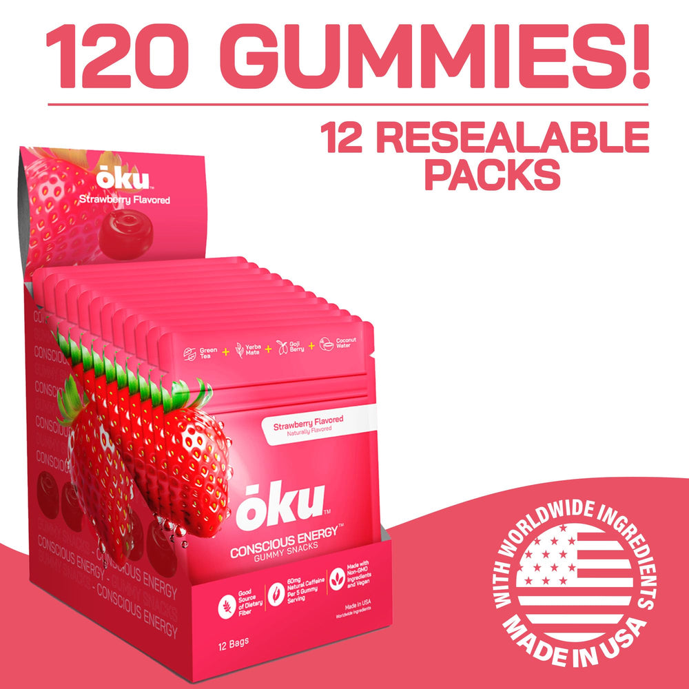 Close-up of OKU Energy Chews gummies showing chewy texture and strawberry flavor