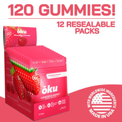 Close-up of OKU Energy Chews gummies showing chewy texture and strawberry flavor