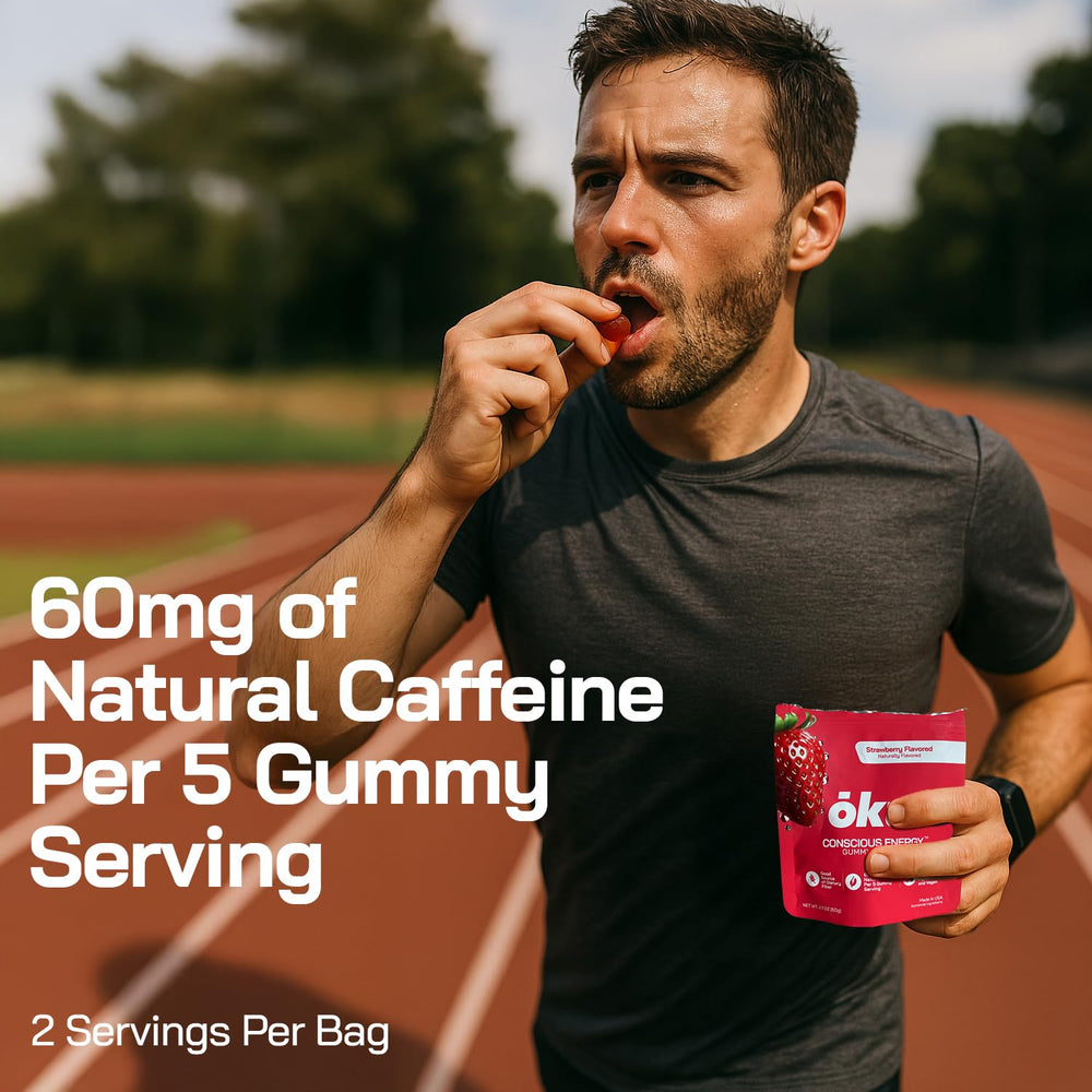OKU Energy Chews gummy in hand demonstrating portable energy snack