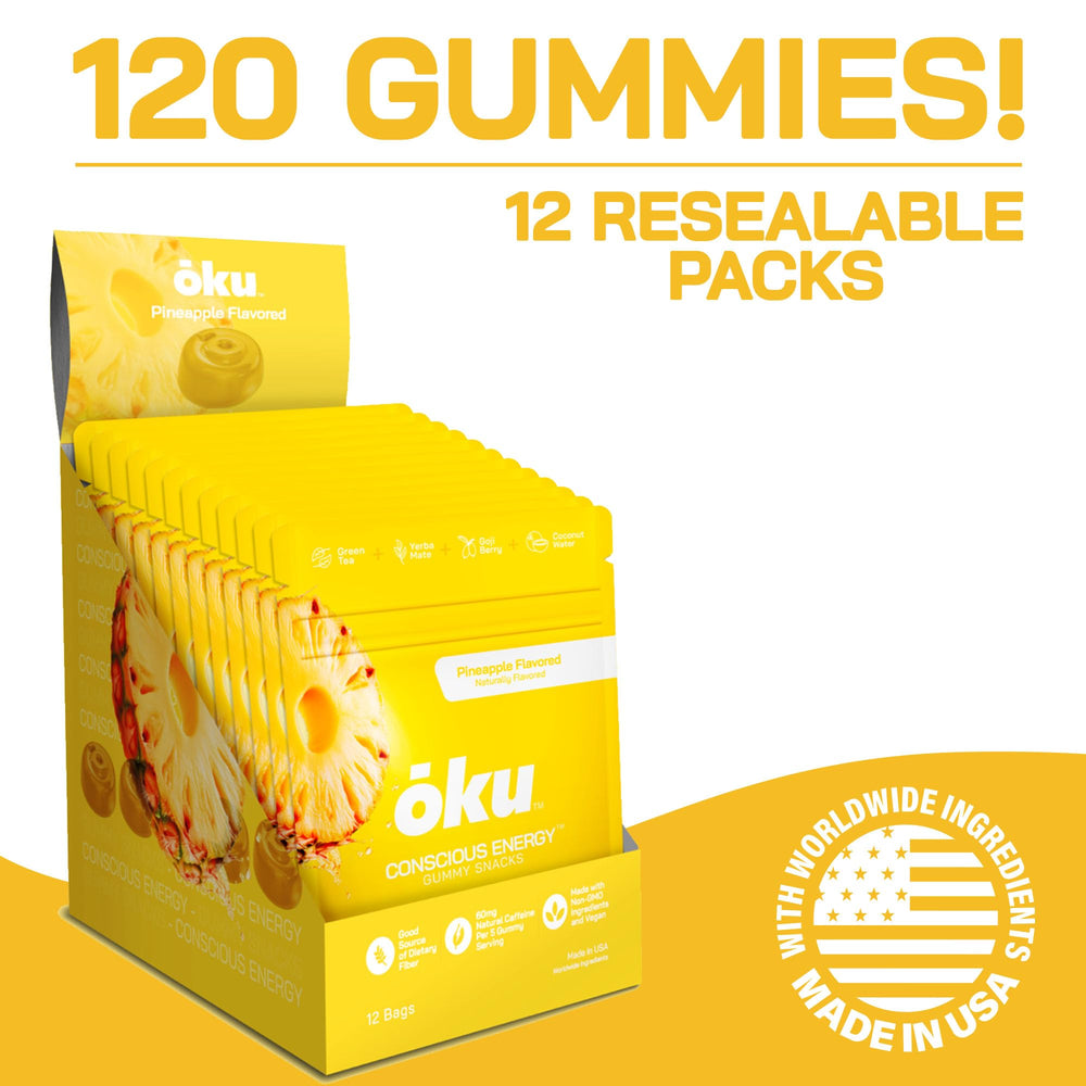 OKU ōku Energy Chews pineapple-pack view with resealable bag