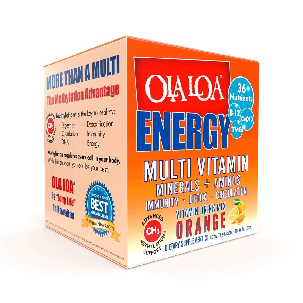 Front view of Ola Loa Energy Orange 30-packets box