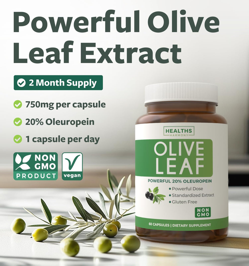Close-up of Olive Leaf Extract capsules label showing 750mg and 20% Oleuropein