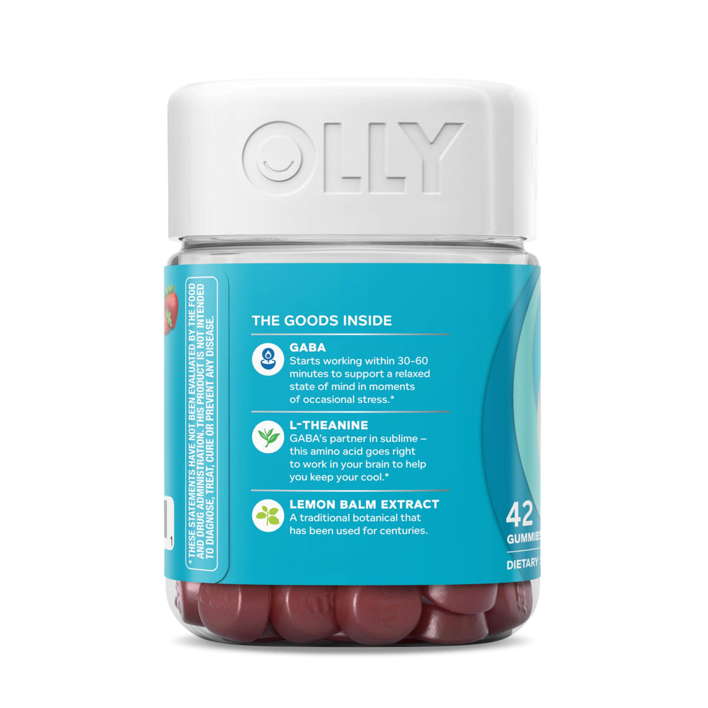 Chewy texture of OLLY Goodbye Stress gummy with visible berry scent.