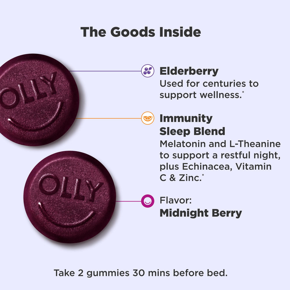 Close-up of OLLY Immunity Sleep + Elderberry gummies in berry flavor