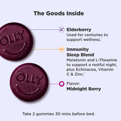 Close-up of OLLY Immunity Sleep + Elderberry gummies in berry flavor