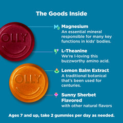OLLY Kids Chillax bottle side label notes magnesium and L-Theanine for balance