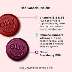 OLLY Blackberry flavor close-up showing chewy texture for daily energy support.
