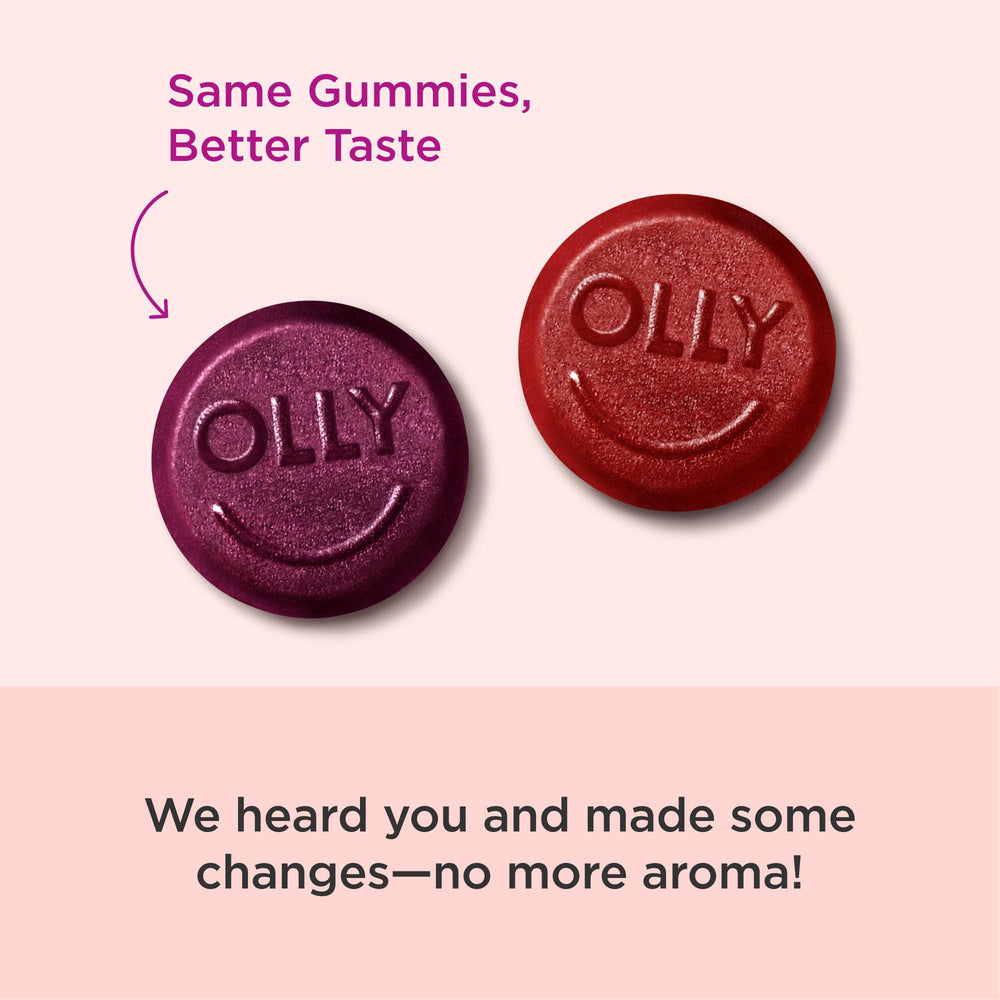 OLLY Men’s Multivitamin Gummy bottle back with nutritional highlights and gluten-free claim.