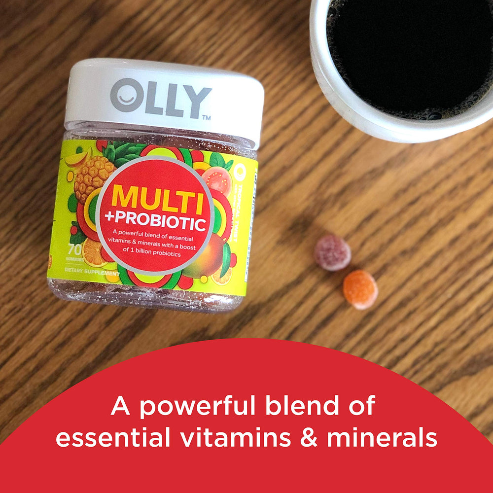 OLLY gummies tropical twist close-up, inviting texture and probiotic boost.