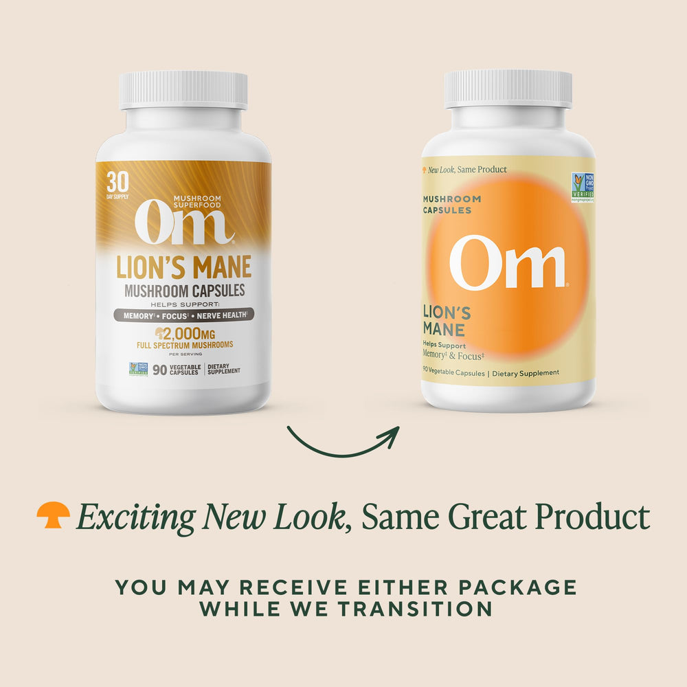 Front packaging of Om Lion's Mane Capsules showing Organic and Non-GMO labels