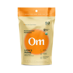 Front view of Om Lions Mane Mushroom Powder jar