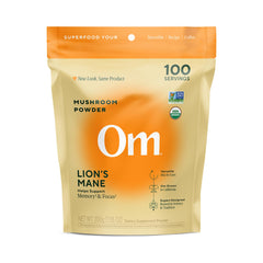 Hero image of Om Lion’s Mane Mushroom Powder bottle and powder