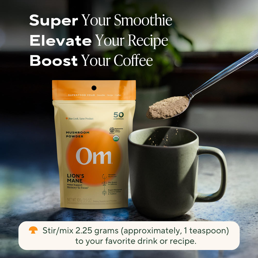 Preparing Om Lions Mane Mushroom Powder in a drink