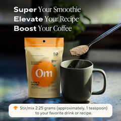 Preparing Om Lions Mane Mushroom Powder in a drink