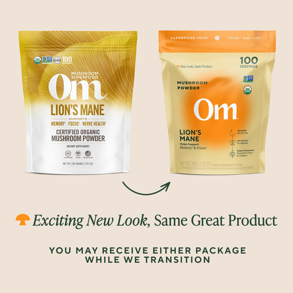 Close-up of Om Lion’s Mane Mushroom Powder packaging