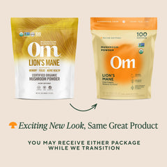 Close-up of Om Lion’s Mane Mushroom Powder packaging