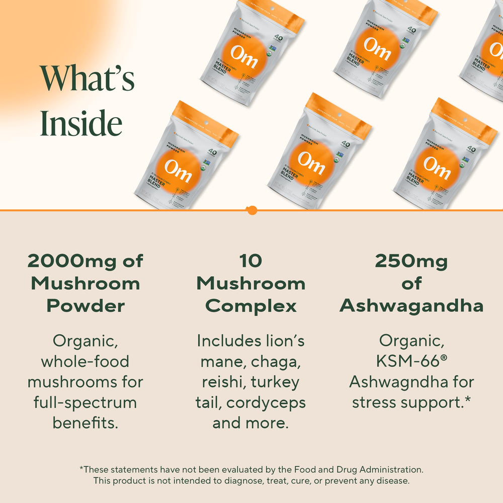 Serving scoop of mushroom powder beside pouch