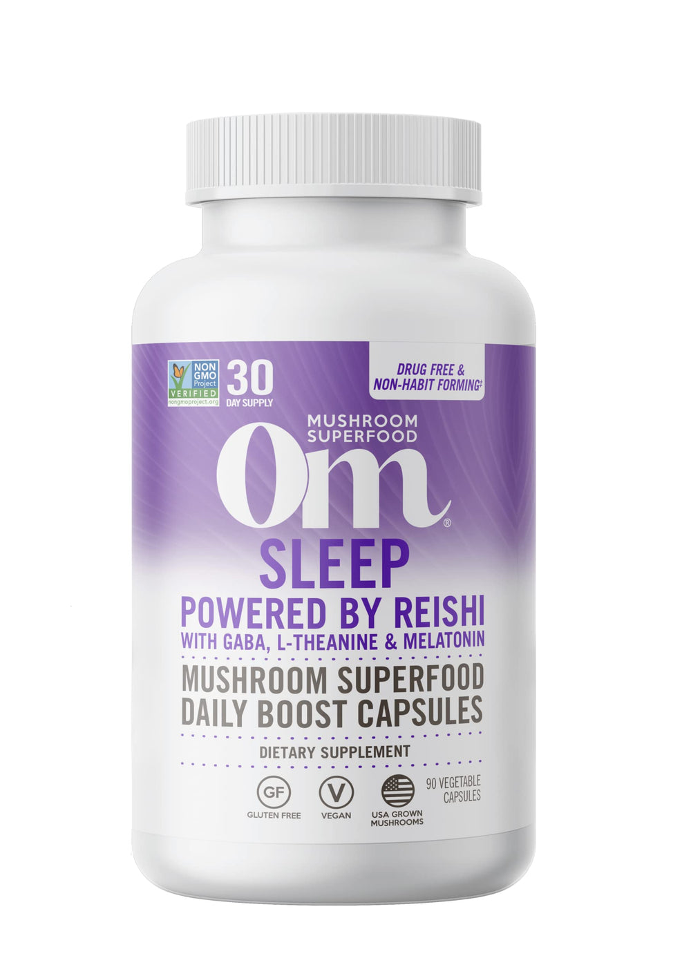 Front view of OM Mushroom Sleep Capsule bottle