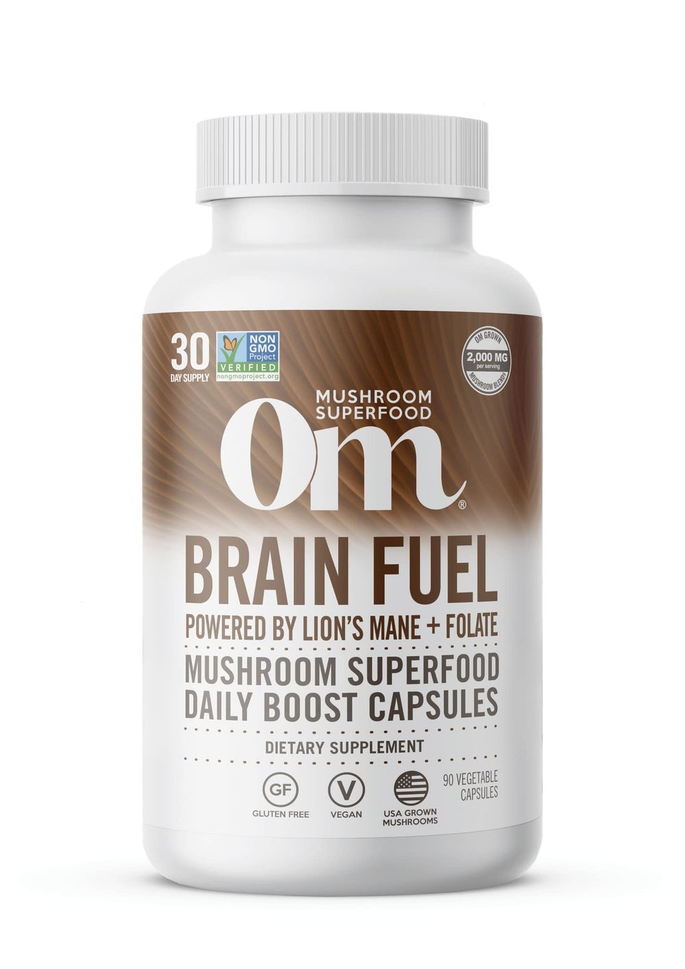 Front view of OM Mushroom Brain Fuel bottle with label