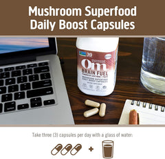 Serving suggestion with three capsules and a glass of water