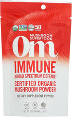 Front view of OM Mushroom Superfood Immune Blend powder in a 3.5 oz pouch
