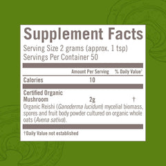 Ingredients and organic sourcing information for Reishi powder
