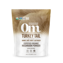 Front view of Om Mushroom Turkey Tail organic powder 7.05 oz package