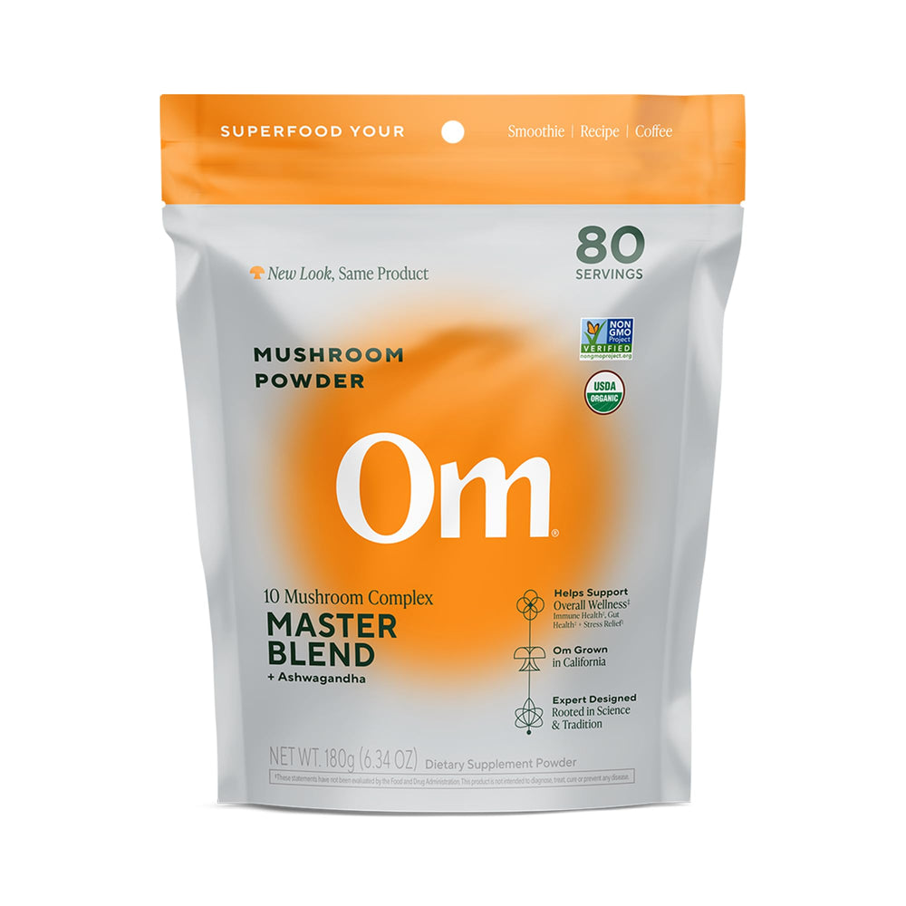 Front label of OM Mushrooms Master Blend organic mushroom powder