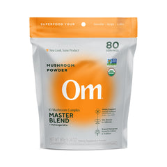 Front label of OM Mushrooms Master Blend organic mushroom powder