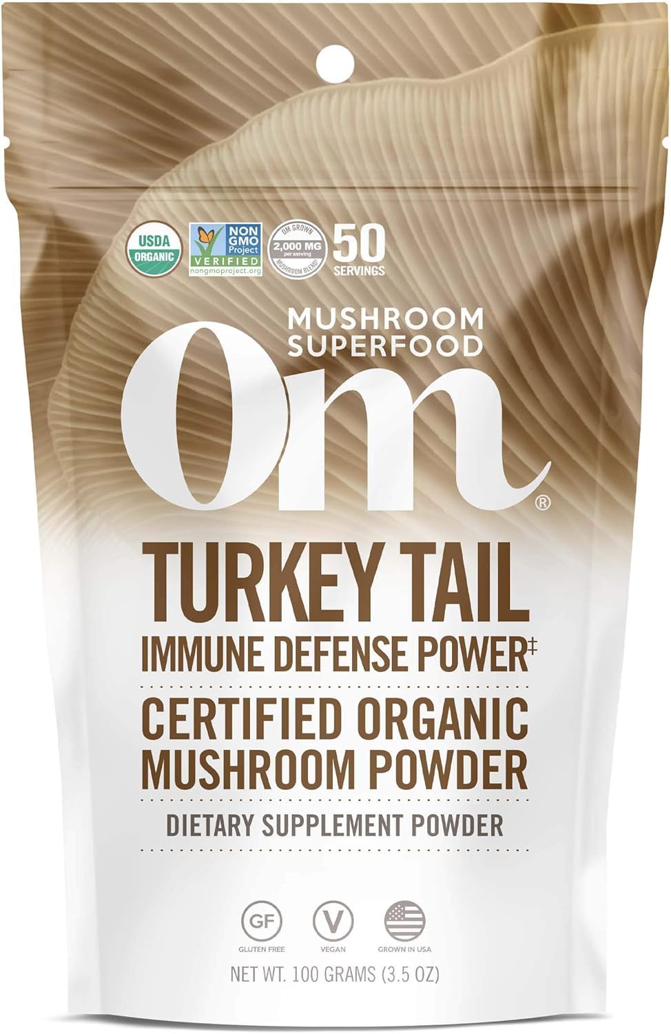 Front view of Om Turkey Tail Powder 3.5oz container