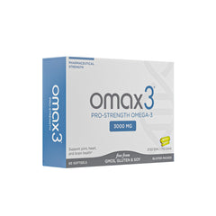 Close-up of Omax3 omega-3 softgels