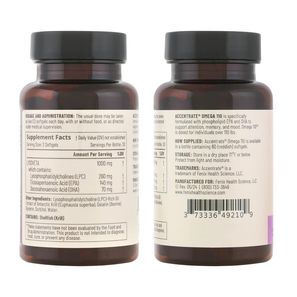 Omega-110 product image highlighting focus, memory, mood, and vision support