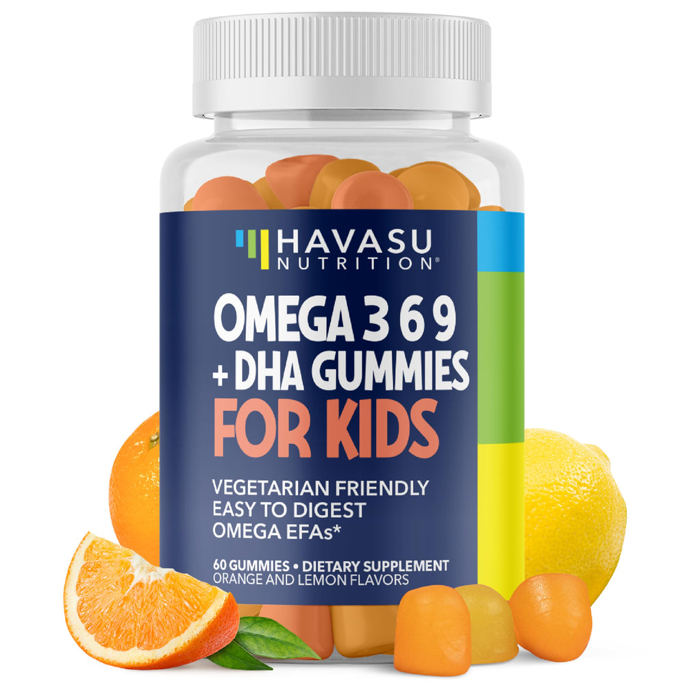 Front view of Omega 3-6-9 + DHA Gummies for Kids in Lemon Orange flavor