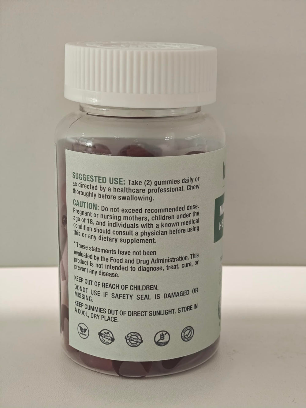 Gummies packaging label highlighting non-GMO and gelatin-free