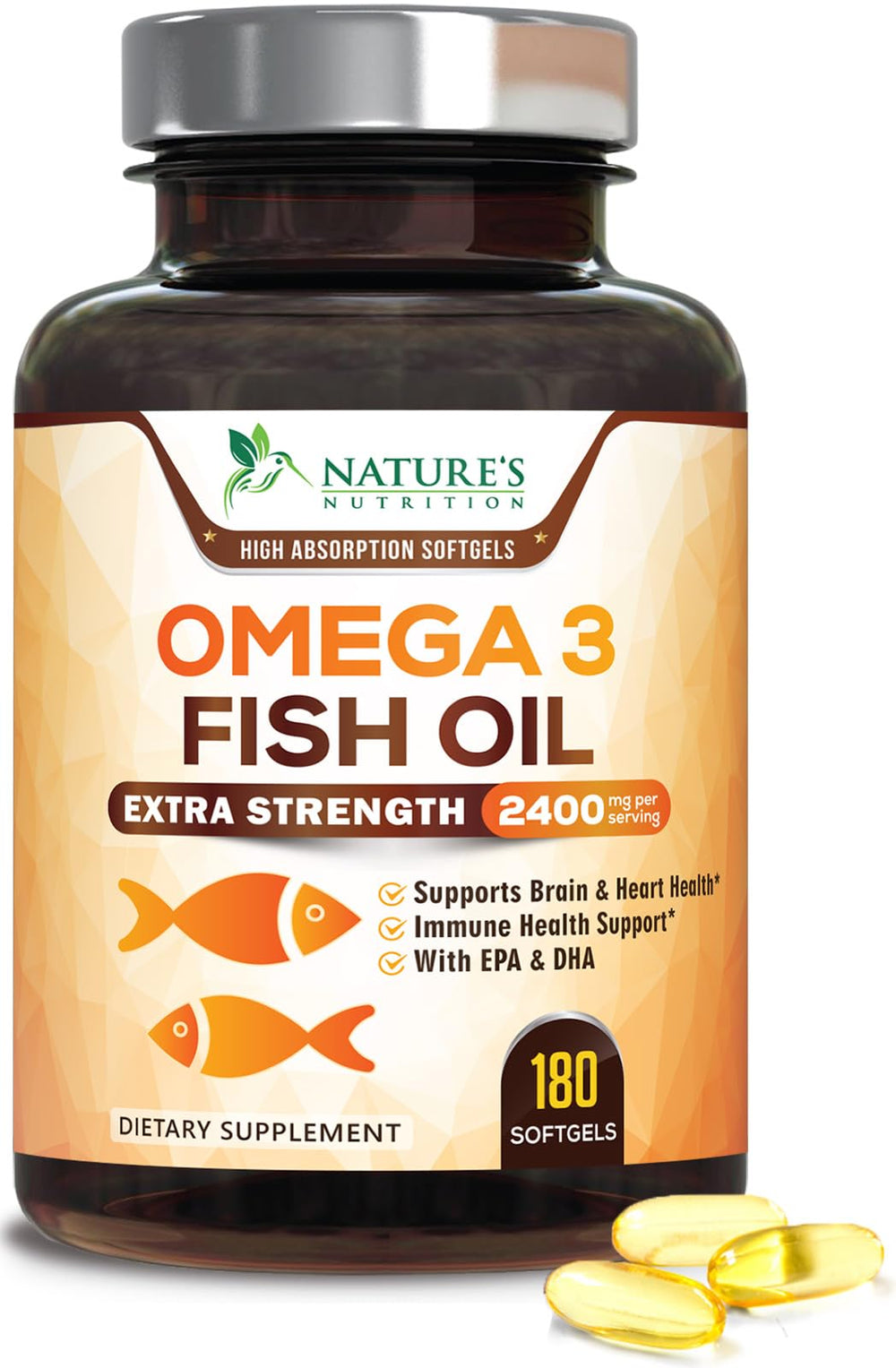 Bottle of Omega 3 Fish Oil 2400 mg triple-strength with lemon flavor