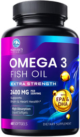 Bottle of Omega 3 Fish Oil 2400 mg softgels