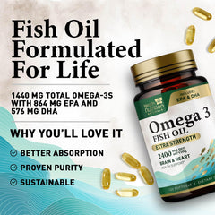 Back panel with ingredients and directions on Omega 3 Fish Oil 2400mg bottle