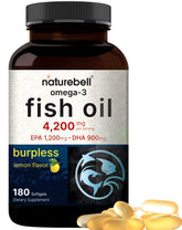 Omega 3 fish oil bottle with 180 burpless lemon-flavored softgels