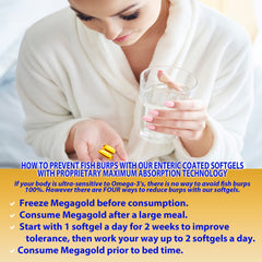 Bottle of omega-3 fish oil supplement with 120 burpless softgels