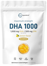 Omega-3 fish oil bottle with lemon-flavored DHA 1000mg and EPA 500mg softgels