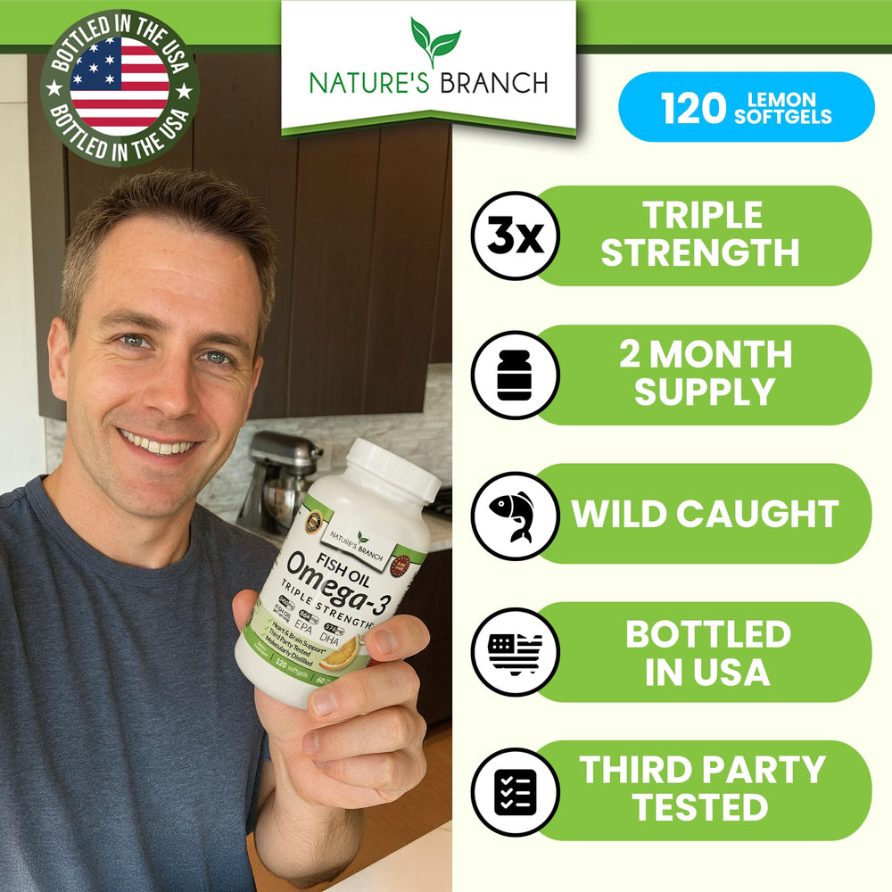 Close-up of omega-3 fish oil softgels showing EPA and DHA amounts