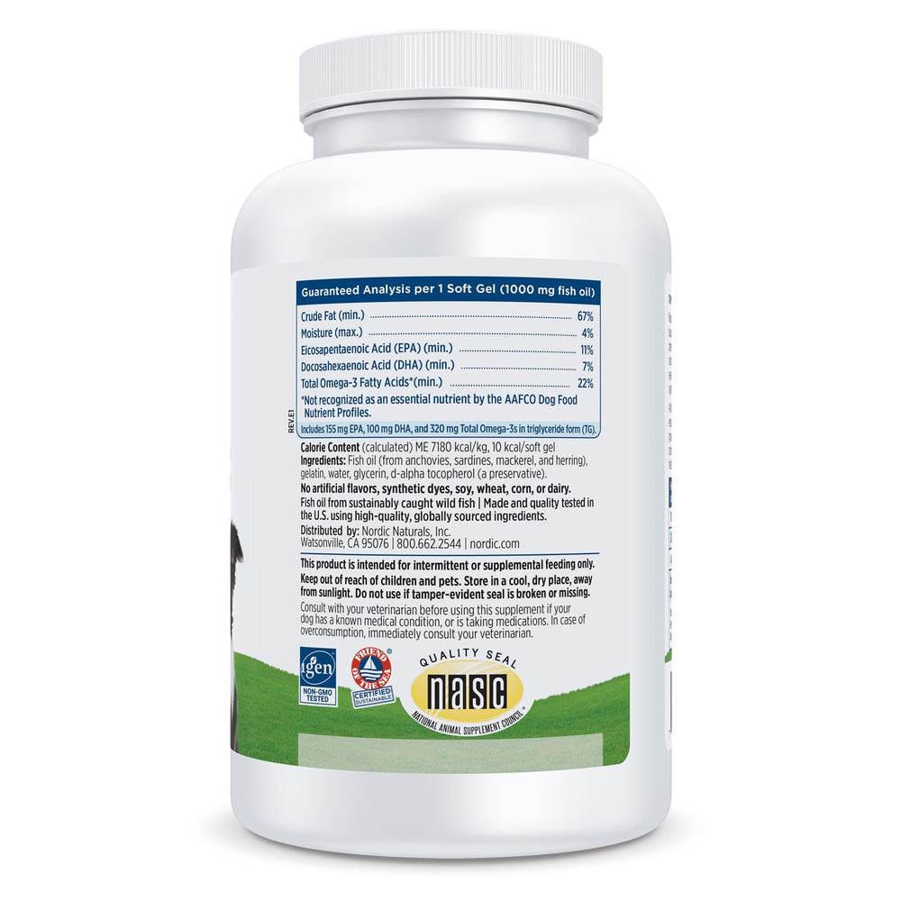 Close-up of omega-3 pet dog soft gels bottle