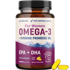 Omega-3 women lemon softgels bottle close-up front view