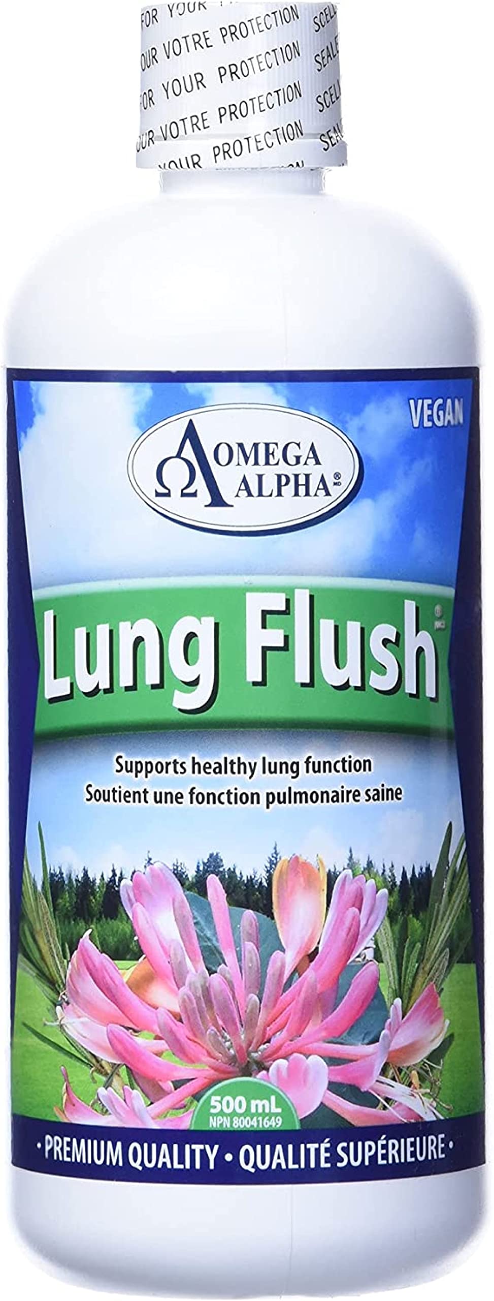 Omega Alpha Lung Flush bottle front shows a clean label for daily respiratory support.