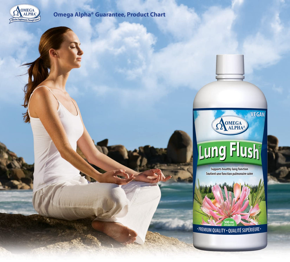 Omega Alpha Lung Flush mixed with juice illustrates flexible consumption in a busy day.