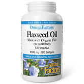 Front view of Omega Factors Flaxseed Oil bottle label