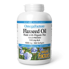 Omega Factors Flaxseed Oil bottle with 360 softgels