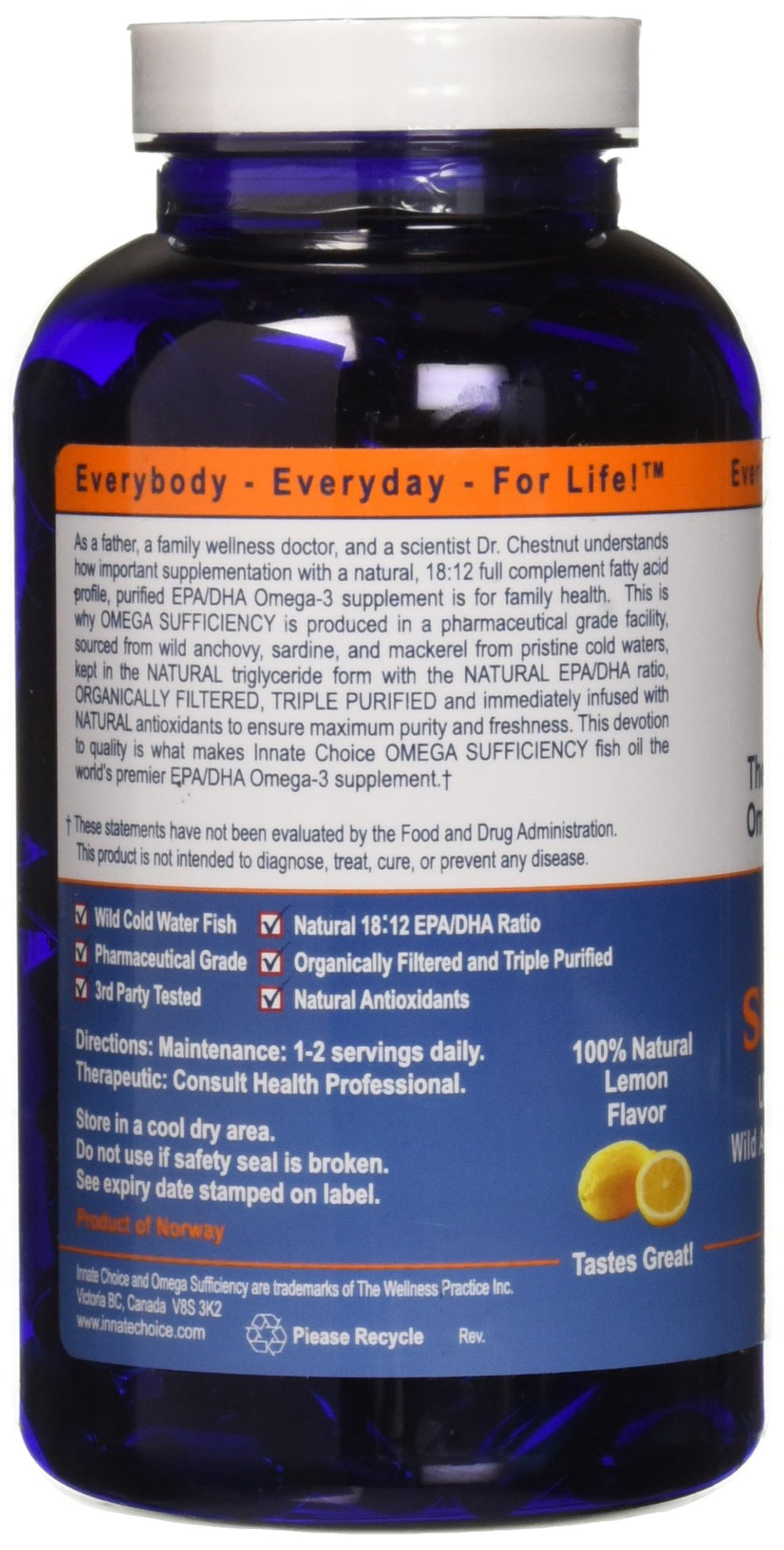 Omega Sufficiency Lemon 240 Capsules bottle back label
